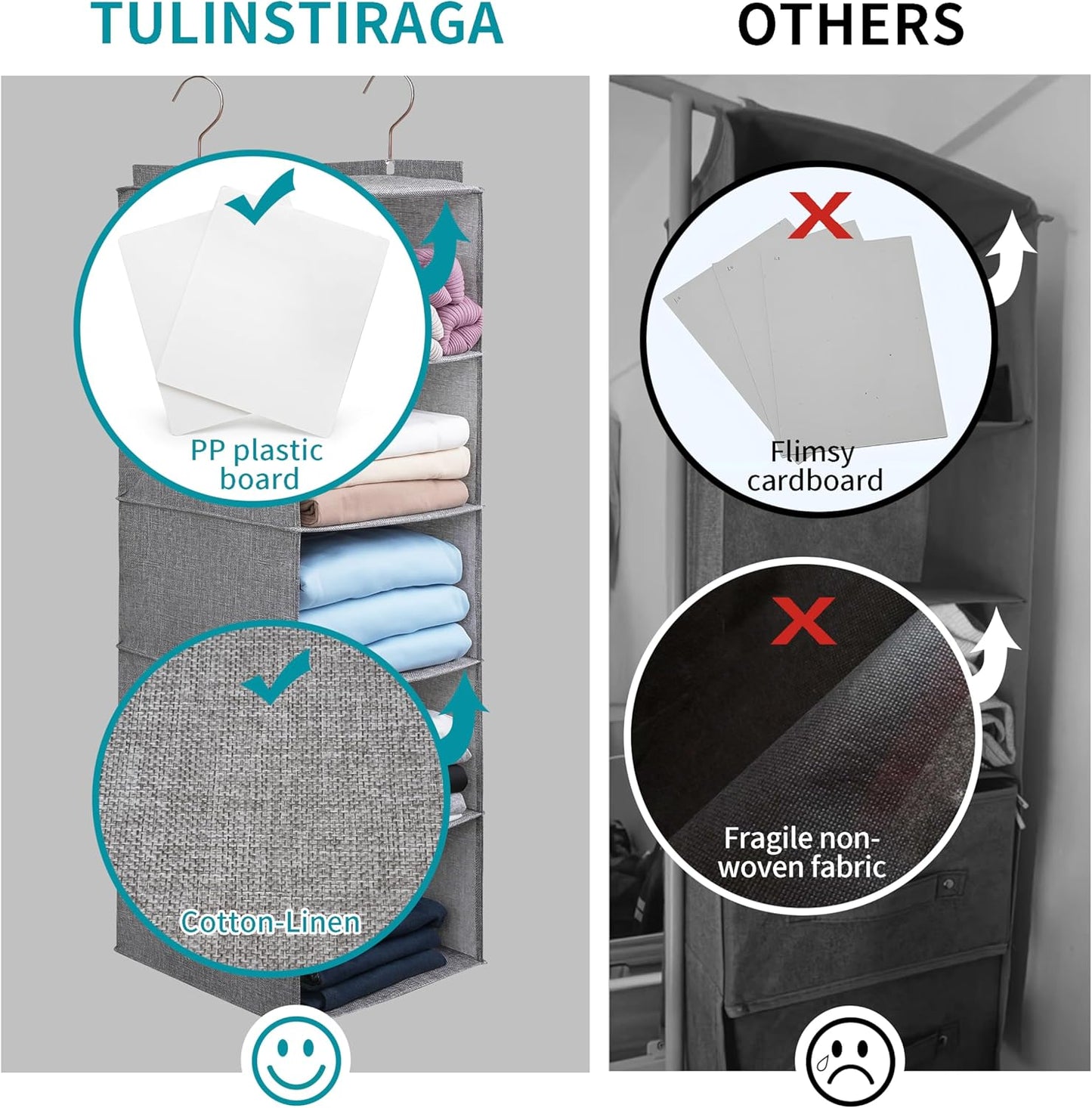 Large Hanging Sweater Organizer for Closet,Collapsible 6-Shelf Hanging Closet Shelves with Drawers, Washable (Beige -6 Shelf-2 d)