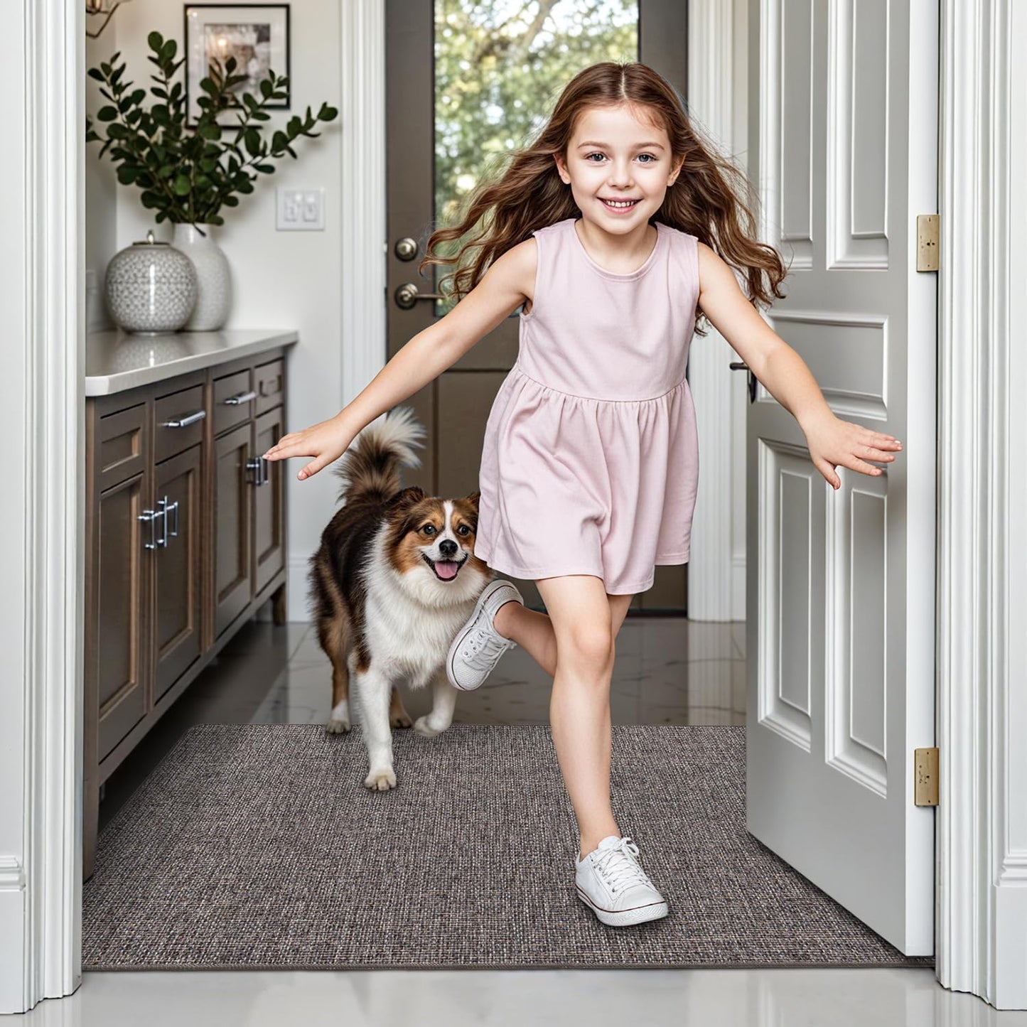 LUMI Ultra Thin Door Mat for Entryway, 32"x48" Low Profile Non Slip Rubber Backing Indoor Doormat, Easy Clean Welcome Entrance Mat for Inside House, Patio, Brown