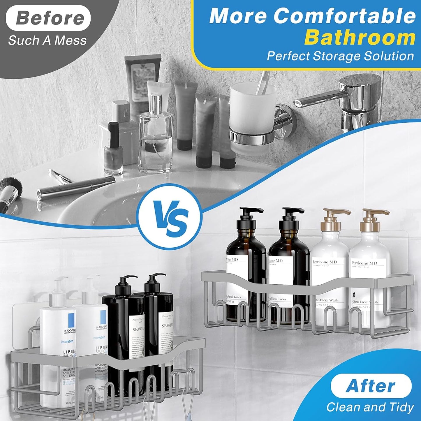 EUDELE 5-Pack Rustproof Stainless Steel Shower Caddy – No Drill Adhesive Bathroom Organizer with Large Capacity, Spacious Shower Shelves for Inside Shower, Kitchen & Home Decor Storage-XL Size