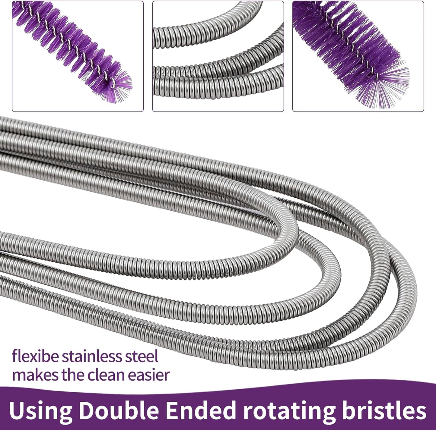 2 Pcs Tube Cleaning Brushes Flexible Long Drain Brush, 67 inch Stainless Steel Double Elastic Cleaner Hose Tube Brush and 4 Pcs 9 inch Straw Cleaning Brush for Bathroom Sink,Shower Brushes.