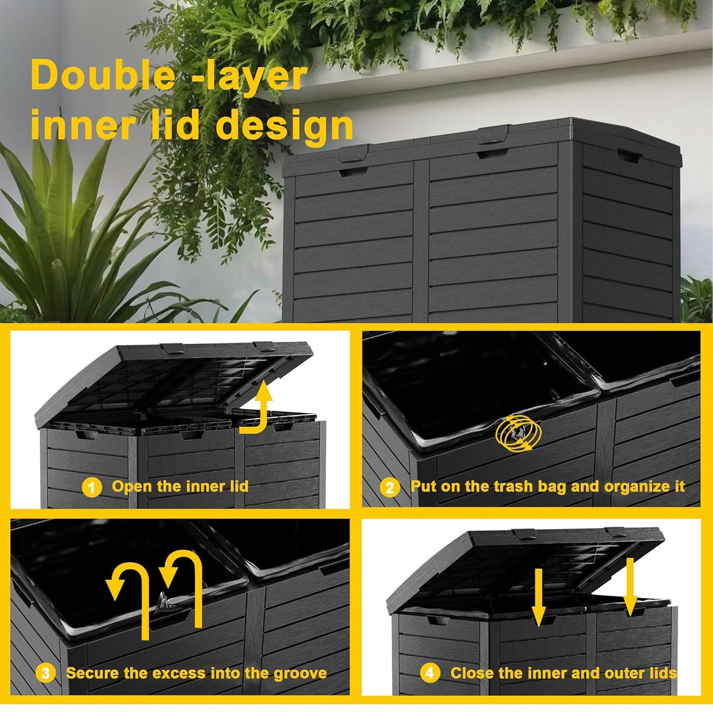 62 Gallon Outdoor Trash Can with Tiered Lid and Drip Tray,Waterproof Resin Waste Bin Indoor,Durable,Stylish,Lightweight Garbage Bin for Patio,Kitchen,Backyard and Office(Black)