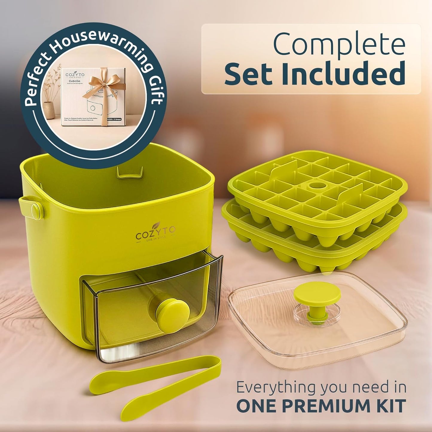 COZYTO CubeGo Ice Cube Tray with Lid and Storage Bin – One-Press Release, 48 Mini Ice Cubes, BPA-Free, Odor-Proof, Includes Scoop – DIY Fruit Ice for Cocktails, Drinks & Smoothies (Avocado Green)