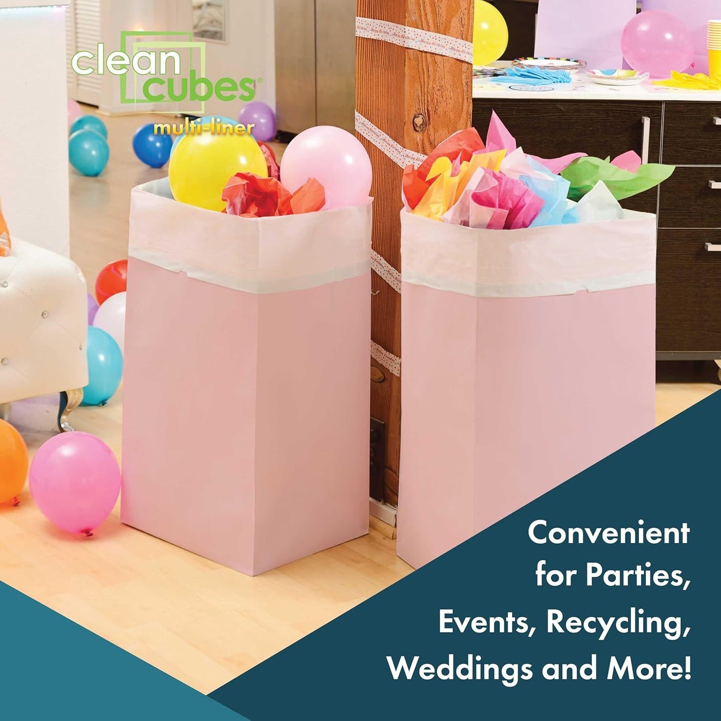 30 Gallon Disposable Pop-Up Trash Cans (3-Pack, Multi-Liner) with Fitted Bags – Foldable Garbage & Recycling Bins for Parties, Events & Kitchen (Pink 30" H x 14" W x 17" D)