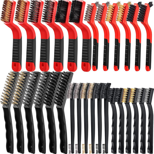 Sumind Wire Cleaning Brush Set Nylon/ Stainless Steel/ Brass Metal Brush with Curved Handle Grip Paint Remover for Cleaning, Rust, Drill, Scrub, Grout Cleaner Tool (15 Pcs,Red and Black)