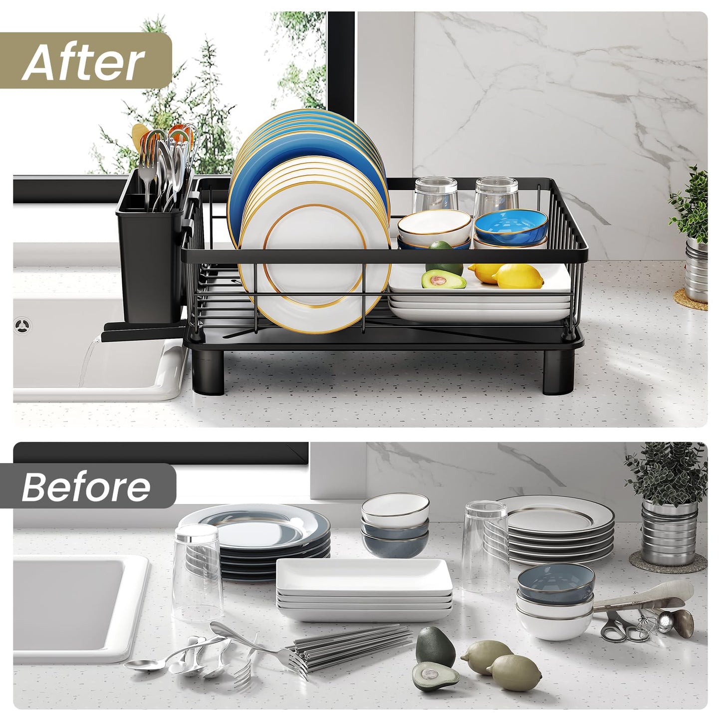 SNTD Dish Drying Rack for Small Kitchen Counter, 11" W x 15" L, Black