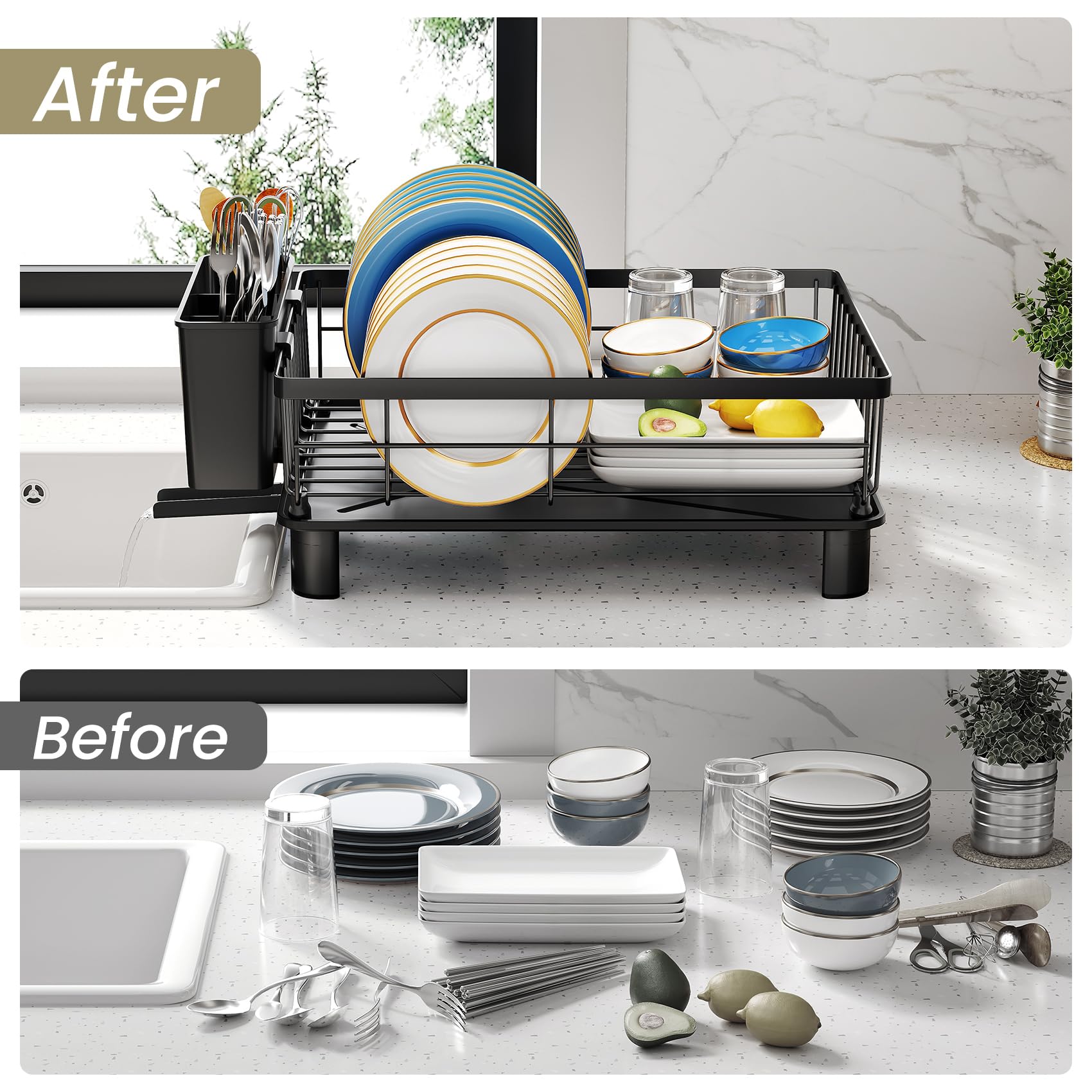 SNTD Dish Drying Rack for Small Kitchen Counter, 11" W x 15" L, Black