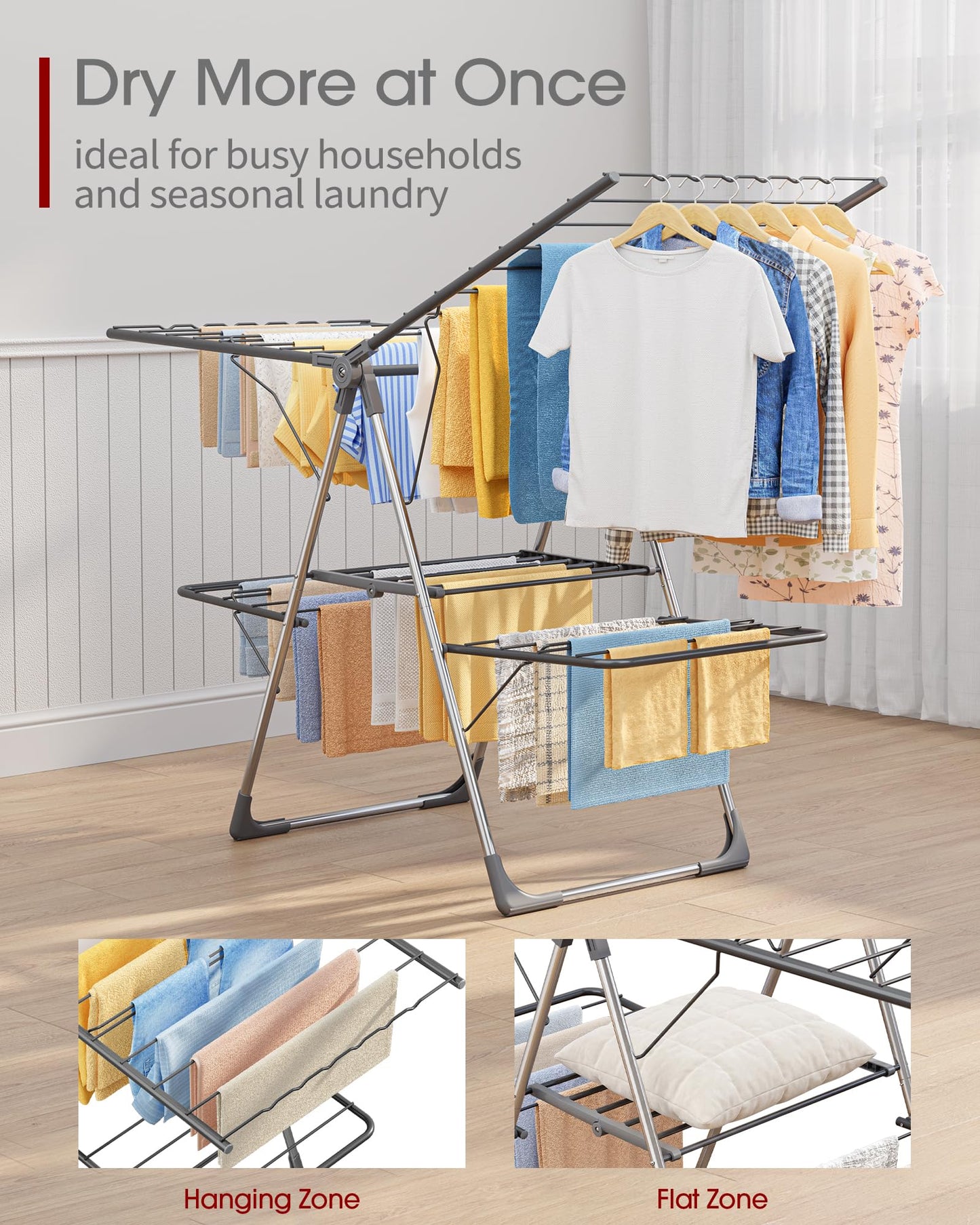 Sakugi Clothes Drying Rack, Foldable 2-Level with 55.5" Adjustable Wings