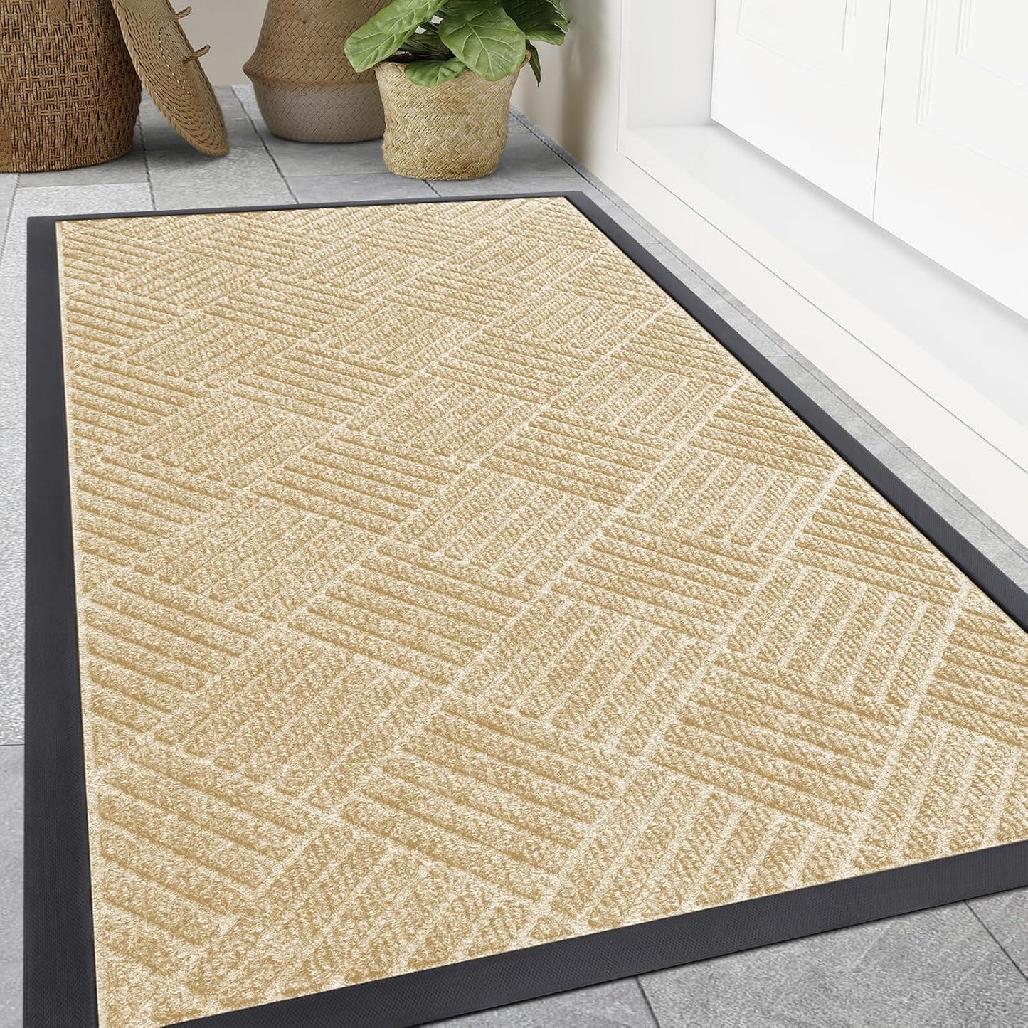Smiry Front Door Mat Outside Entrance, Heavy Duty Outdoor Indoor Natural Rubber Doormat, Non Slip, Trap Dirt and Moisture, Easy Clean, Low Profile Patio Porch Entryway Mat, 71x47, Beige