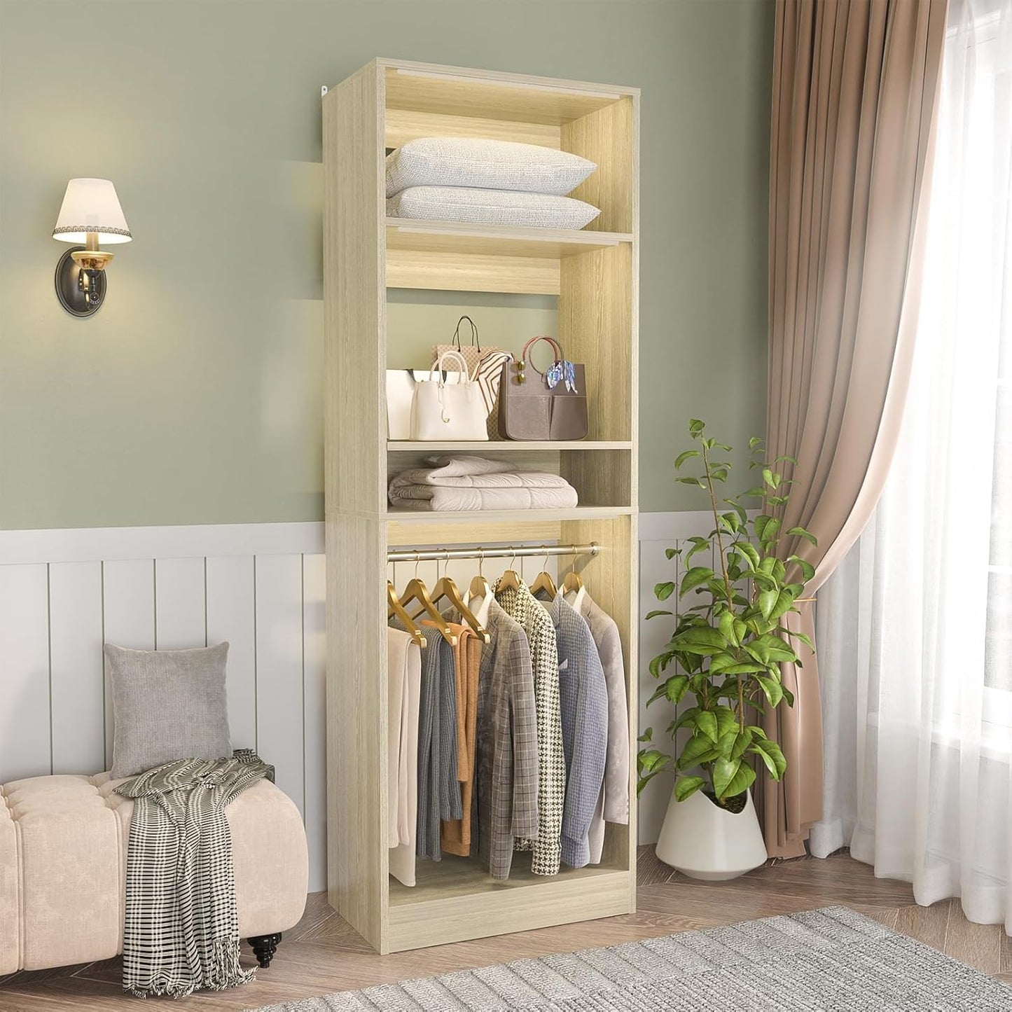 Unikito 25” Closet System, Freestanding Closets Organizer Wardrobe with Hanging Rods and Shelves, Adjustable Clothes Garment Racks, Sturdy Walk in Closet Tower, 25"W x 16"D x 80"H, White Oak