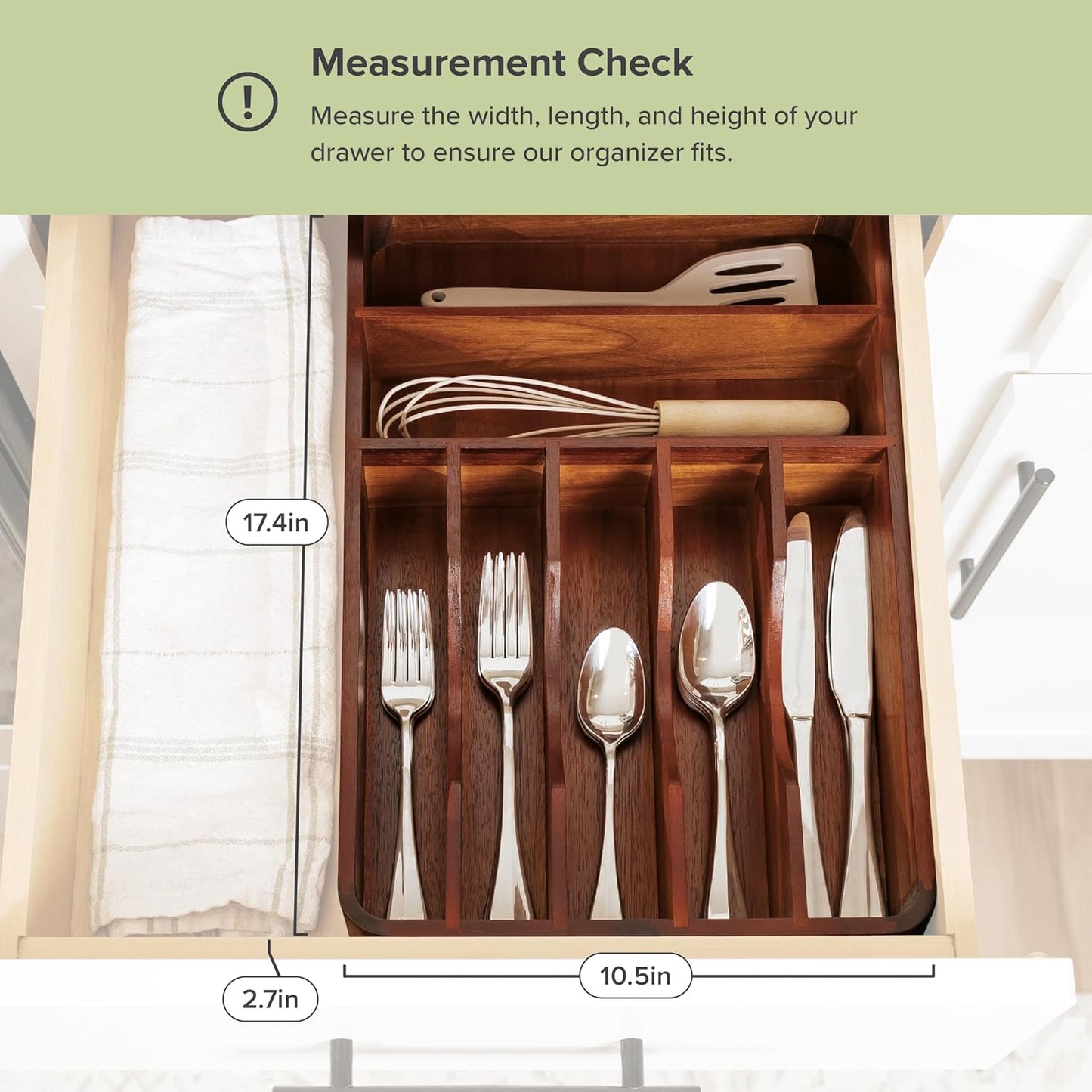 KitchenEdge Silverware Organizer - Cutlery, Flatware, and Utensil Holder for Kitchen Drawers, Fixed 10.5” Width, 7 Storage Compartments, Non-Slip Feet, Rounded Corners, Acacia Wood