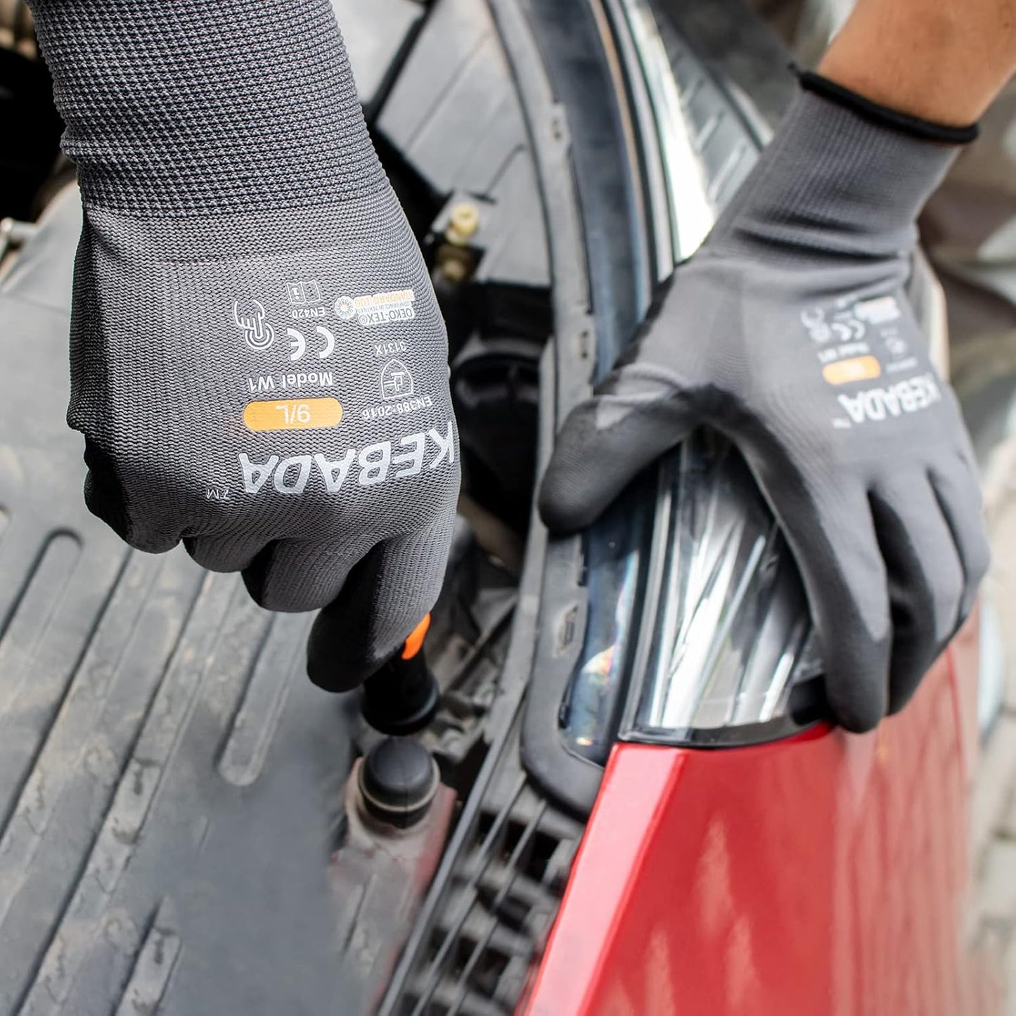 Kebada W1 Work Gloves for Men and Women, Touchscreen PU Coated Gloves with Grip, 50 Pairs Bulk Pack, Ideal for Warehouse Package Handling, Construction, Gardening, Gray Medium