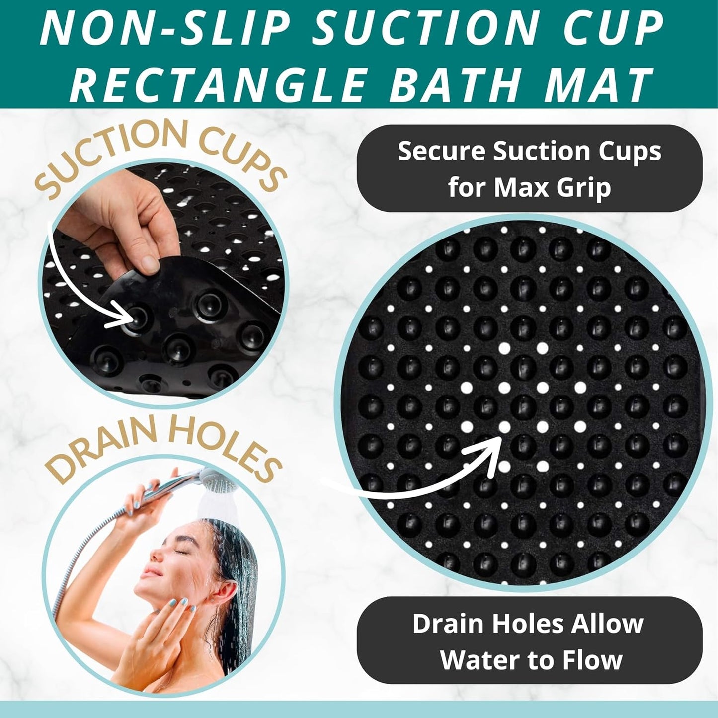 ENKOSI Bath Mat – 40 x 16 Inch Extra Long Non Slip Bathtub Mat – Anti Slip Black Shower Mat with Suction Cups – Bathroom Mat for Tub and Smooth Shower Floors (Black 40x16)