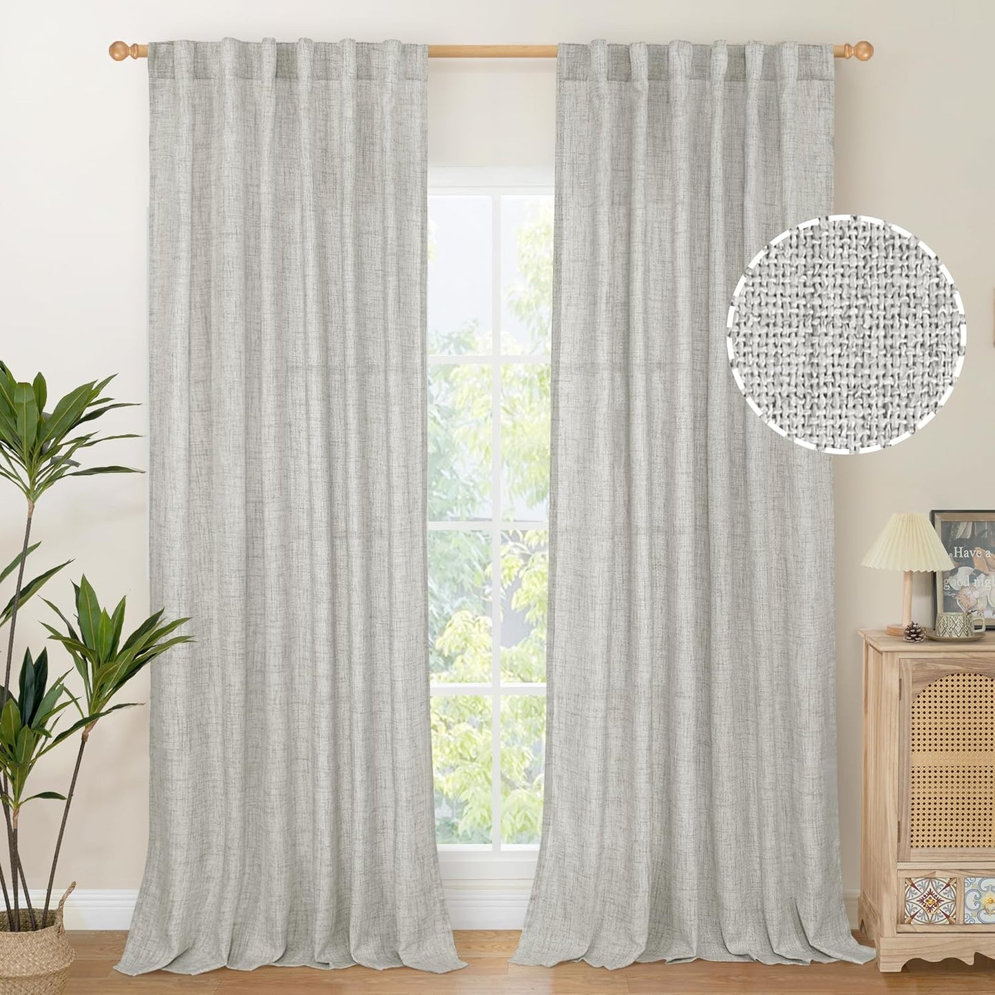 YoungsTex Light Grey Linen Curtains 95 Inches Long for Living Room, Floor Length Semi Sheer Drapes with Rod Pocket Back Tab Light Filtering Window Treatments for Bedroom, 52 X 95 Inch, 2 Panels