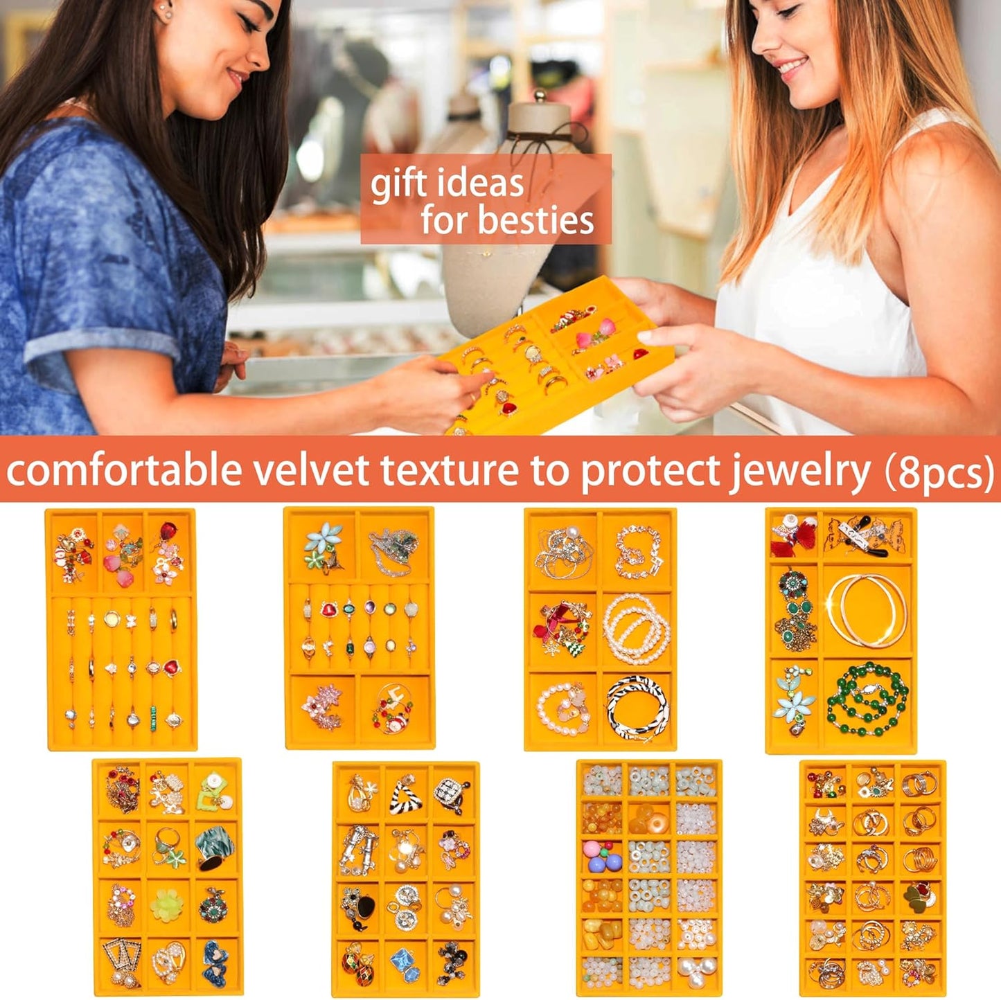 Set of 8 Stackable Velvet Jewelry Trays Organizer Jewelry Display Storage Box Dresser Drawer Organizer for Earring Necklace Bracelet Ring Accessary