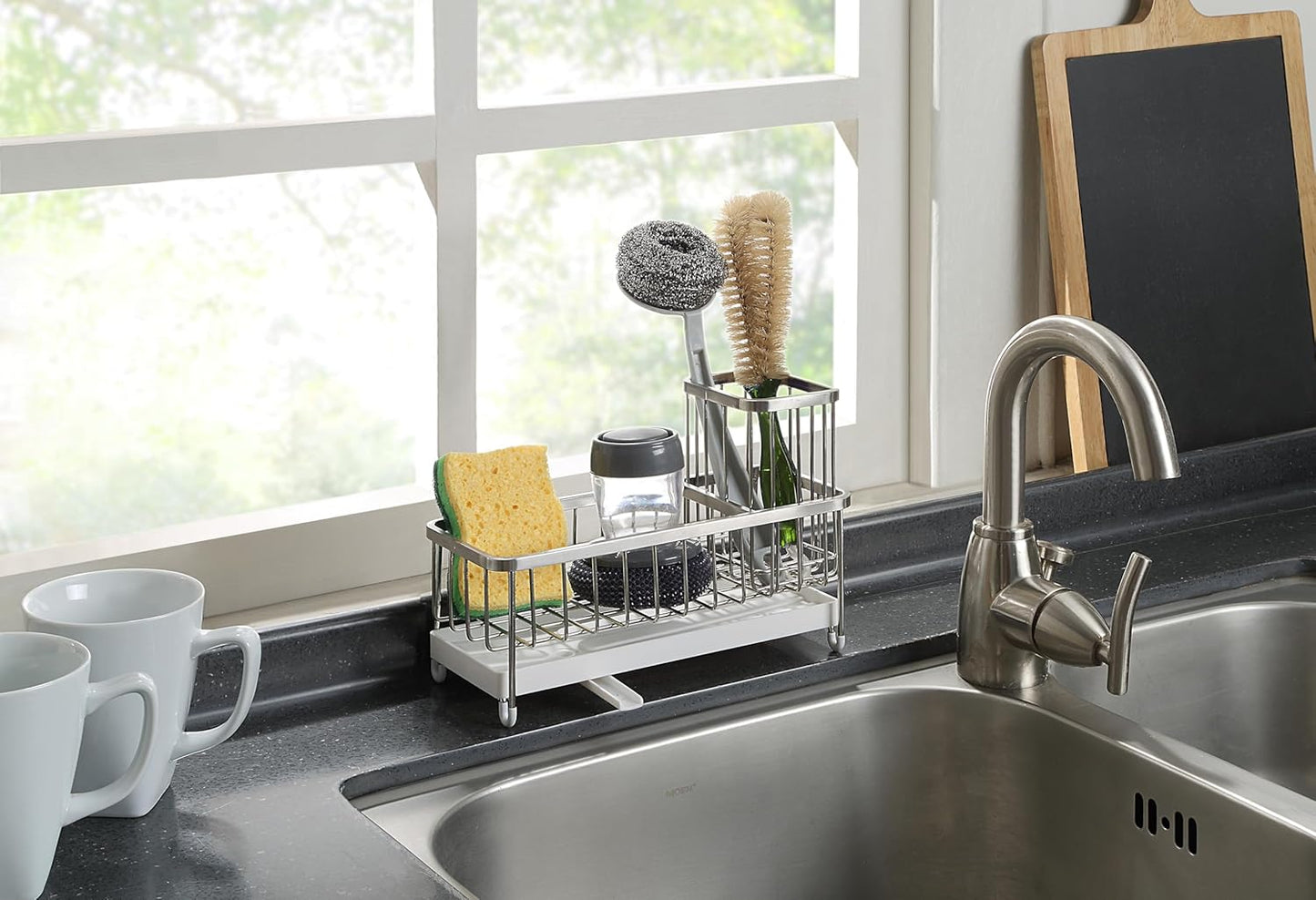 SunnyPoint Never Rust Stainless Utensil, Sink Cleaning Tools Holder for Kitchen Sink with Drain Board; Dish Wand, Sponge, Soap Dispenser, Utensil Organizer Caddy (S.N)