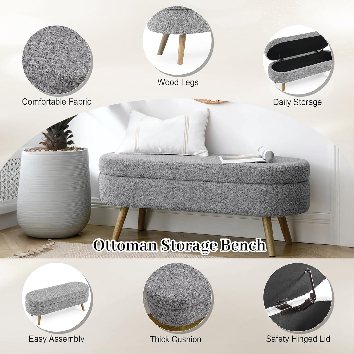 Storage Bench, 43" Storage Ottoman Bench, Shoe Storages Benches for Bedroom, Upholstered Entryway Benches with Seating, Rubber Wood Legs for Bedroom, Living Room, Entryway, Bed Side, Dark Gray