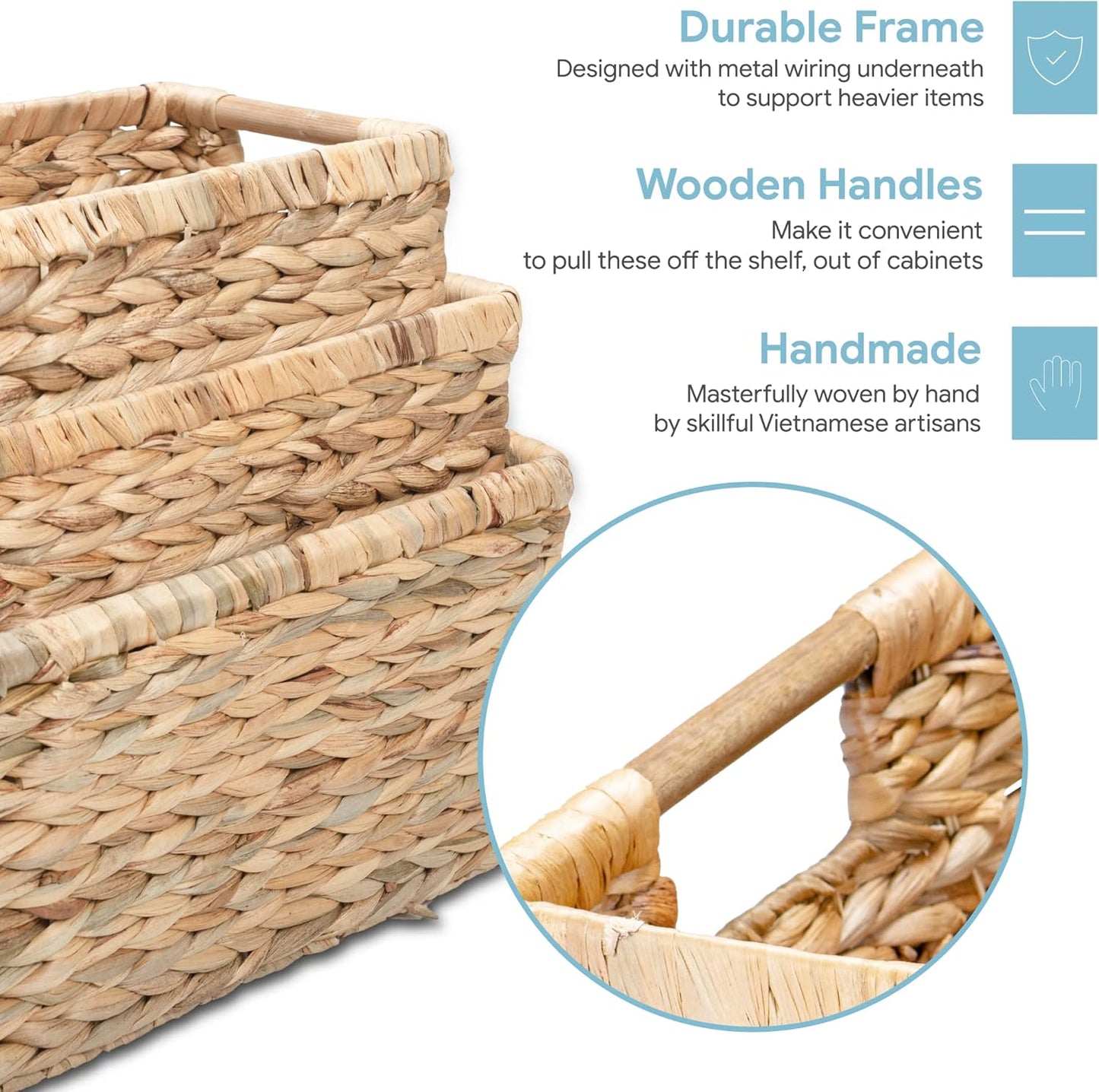 Water Hyacinth Storage Baskets with Wooden Handles, Rectangular Woven Organizer Bins for Closet, Pantry, Bathroom, or Shelves, Natural Decorative Storage Baskets for Home Organization – Set of 3