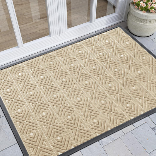 Yimobra Door Mat, Outdoor Indoor Entrance Welcome Mat, Heavy Entry Front Door Mat, Stain & Fade Resistant, Low Profile, Sturdy Rubber, Easy Clean Patio Floor Mat, Waterproof, 47 x 32, Light Beige