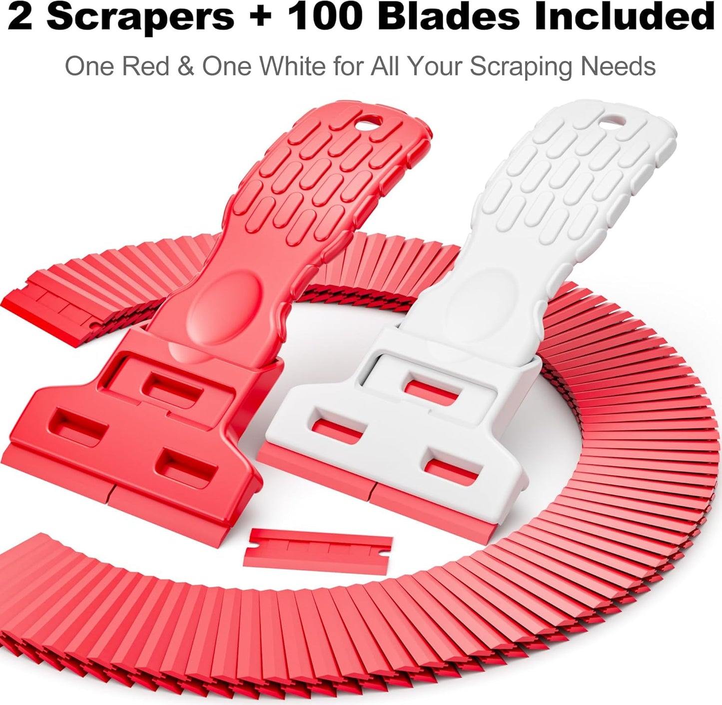 Dual-Width Plastic Razor Blade Scraper Tool Non Scratch - 2-Pack With 100 Blades, Single Or Double Wide Head, Removes Stickers, Labels, Decals, Adhesive & Paint On Glass, Cooktops, Car Windows & Tiles