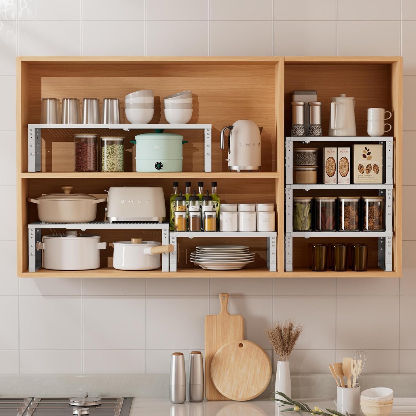 Metal Stackable Expandable Storage Shelf - Multi-Functional Home Storage Shelf, Suitable for Kitchen, Cabinet，Bathroom, Office, Garage, etc.（1PACK/White/Large