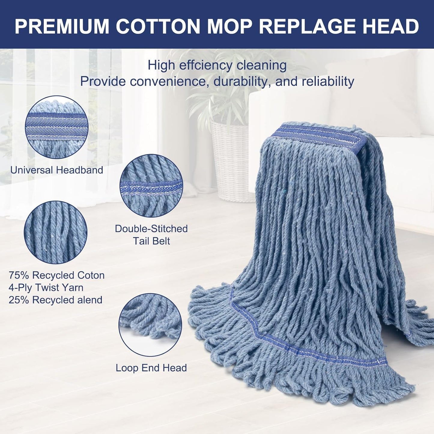 KeFanta 6 Pack Heavy Duty Commercial Mop Head Replacement,Wet Industrial Cotton Looped End String Mops Refill for Floor Cleaning,Blue