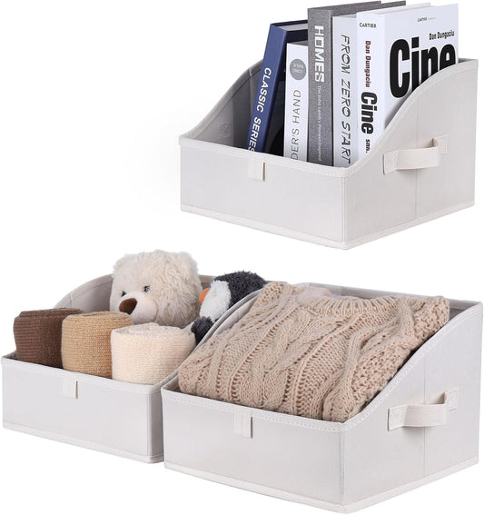 WUIKE Closet Storage Bins, Large Trapezoid Storage Boxes with Handles, Fabric Storage Baskets for Organizing Clothes, Sheets, Blankets, Decorative Storage Bins, White & Beige