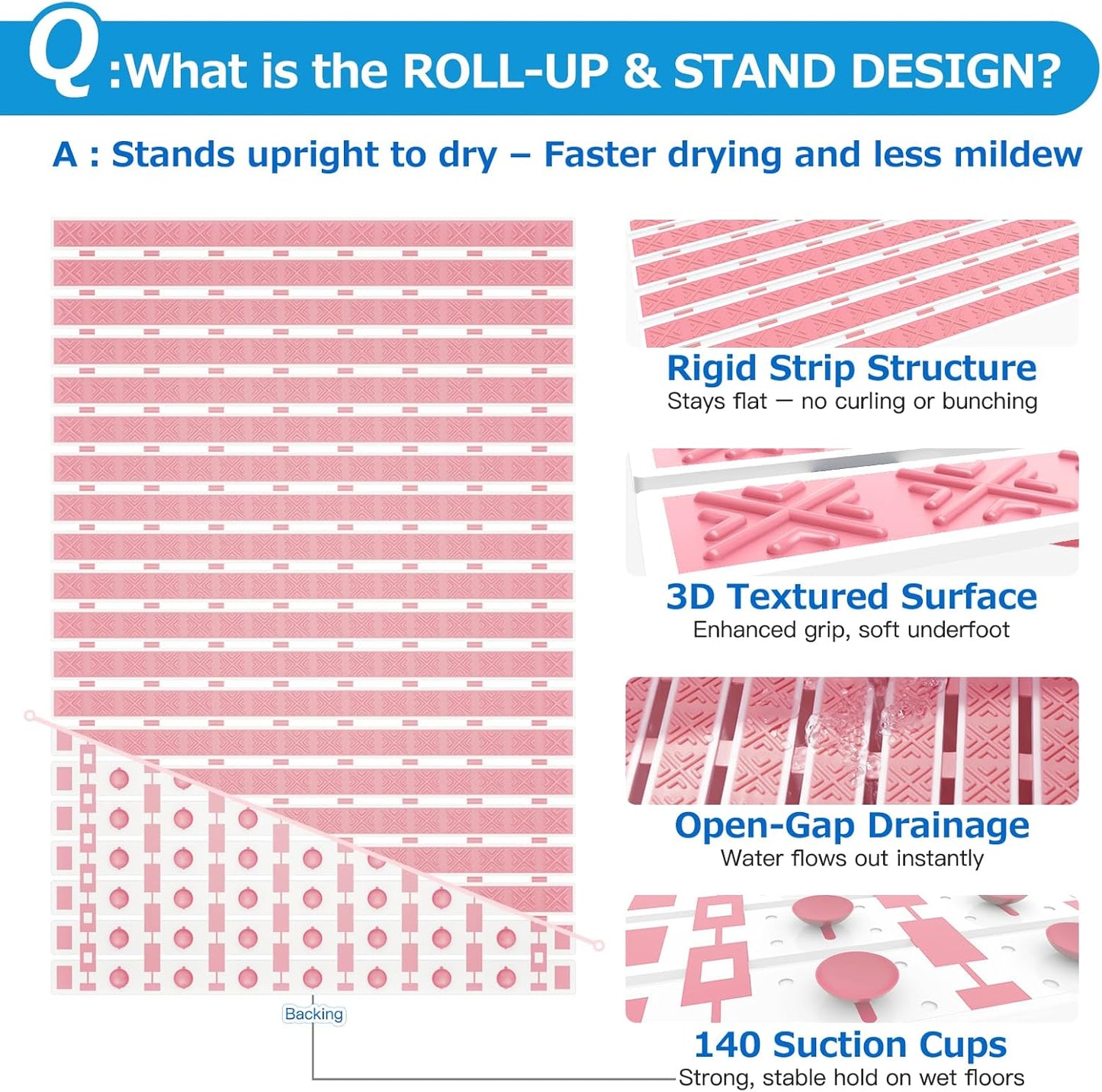 Matace Non Slip Rubber Bathtub & Shower Mat with Suction Cups, Thick Textured Surface, Fast Drain and Upright Drying Design, No Pooling Water for Better Hygiene, 27 x 16 Inch, Pink