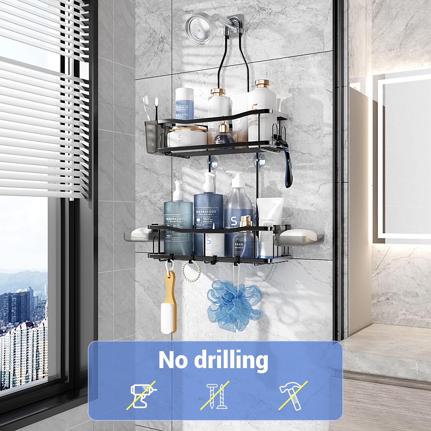 Hanging Shower Caddy Over Shower Head - No Drill Rustproof Shower Rack