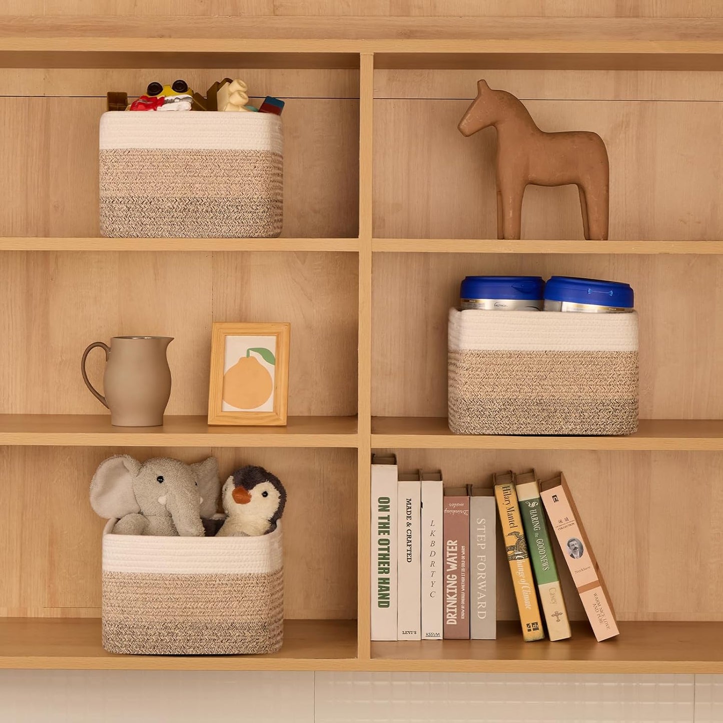 Small Organizing Baskets for Cubes Shelf, 9.7x9.7x7.1 Inch Rope Woven Storage Bins for Nursery Shelves Storage, Cute Toy Basket, Square 3 Packs Gradient Brown