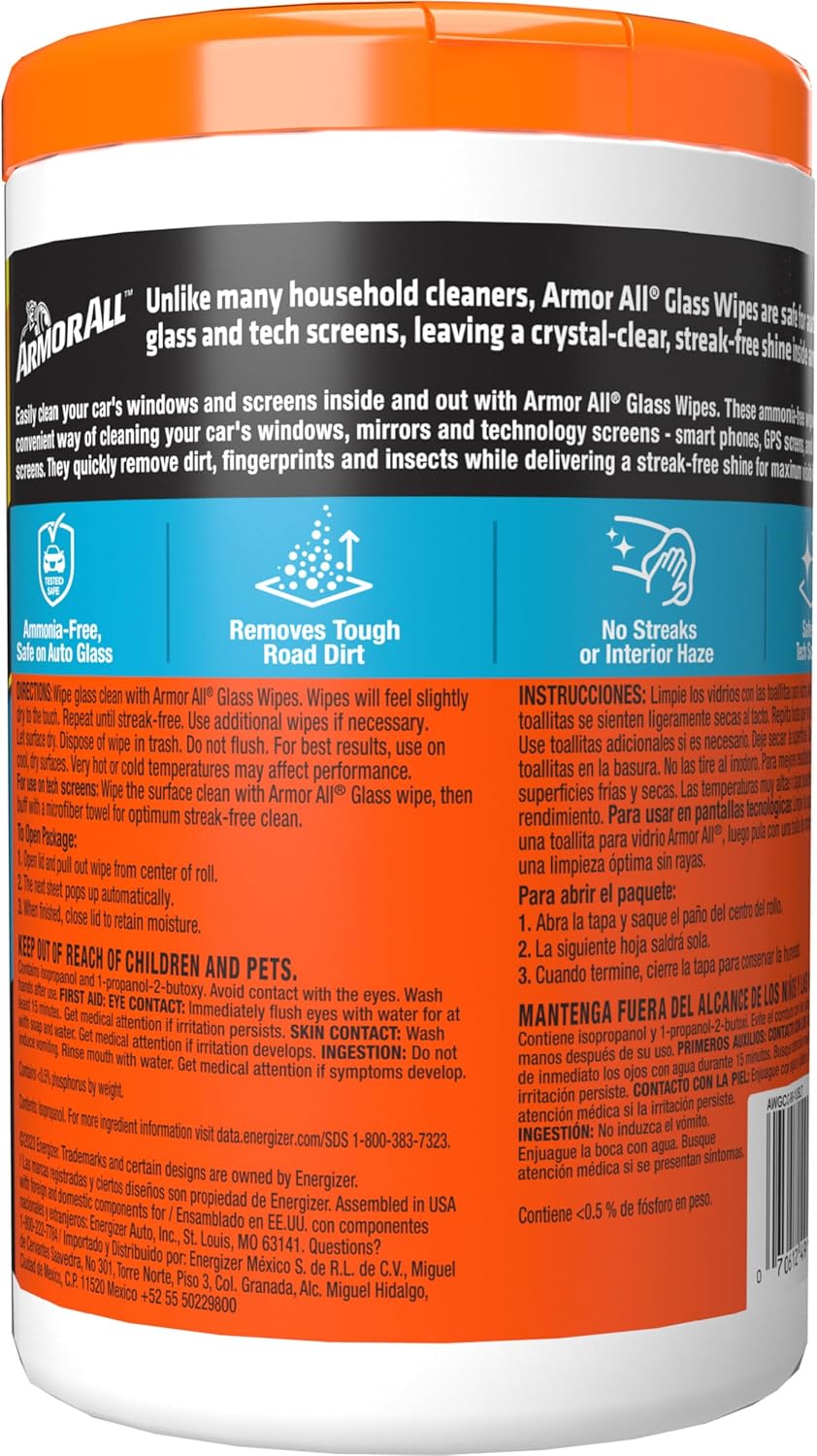 Armor All Car Glass Wipes by Armor All, Auto Glass Cleaner for Film and Grime, 90 Count