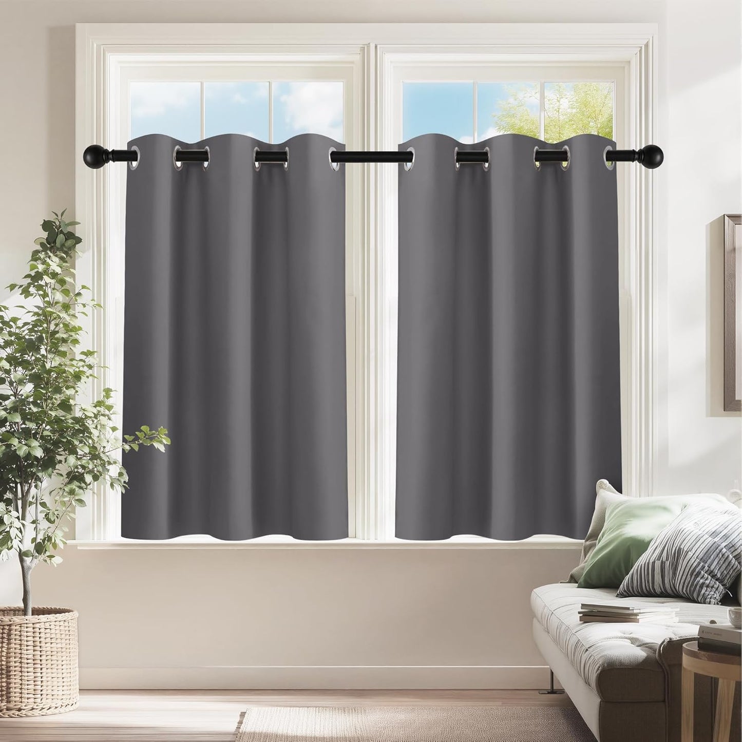 PONY DANCE Cafe Curtains 24 inch Length, Short Blackout Drapes for Bathroom Kitchen, Thermal Insulating Privacy Mini Camper Curtains for Kids Bunk Small Windows(2 Panels, W 29 x L 24 inches, Grey)