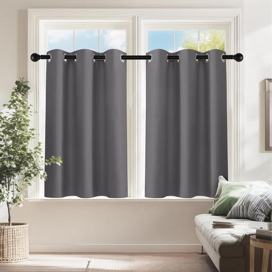 PONY DANCE Cafe Curtains 24 inch Length, Short Blackout Drapes for Bathroom Kitchen, Thermal Insulating Privacy Mini Camper Curtains for Kids Bunk Small Windows(2 Panels, W 29 x L 24 inches, Grey)