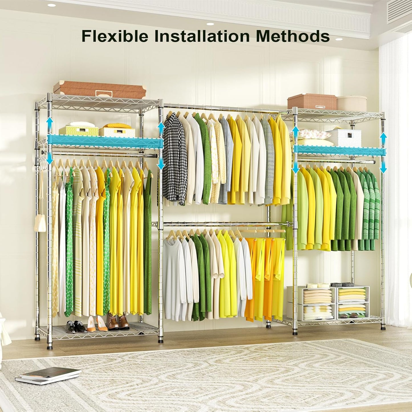 Ulif E1 Heavy Duty Closet Garment Rack, 6 Tiers Adjustable Metal Freestanding Expandable Clothing Storage with 4 Hanger Rods, Easy to Assemble Wardrobe, 71.4" H x (70" - 88.2") L x 14" D, Chrome