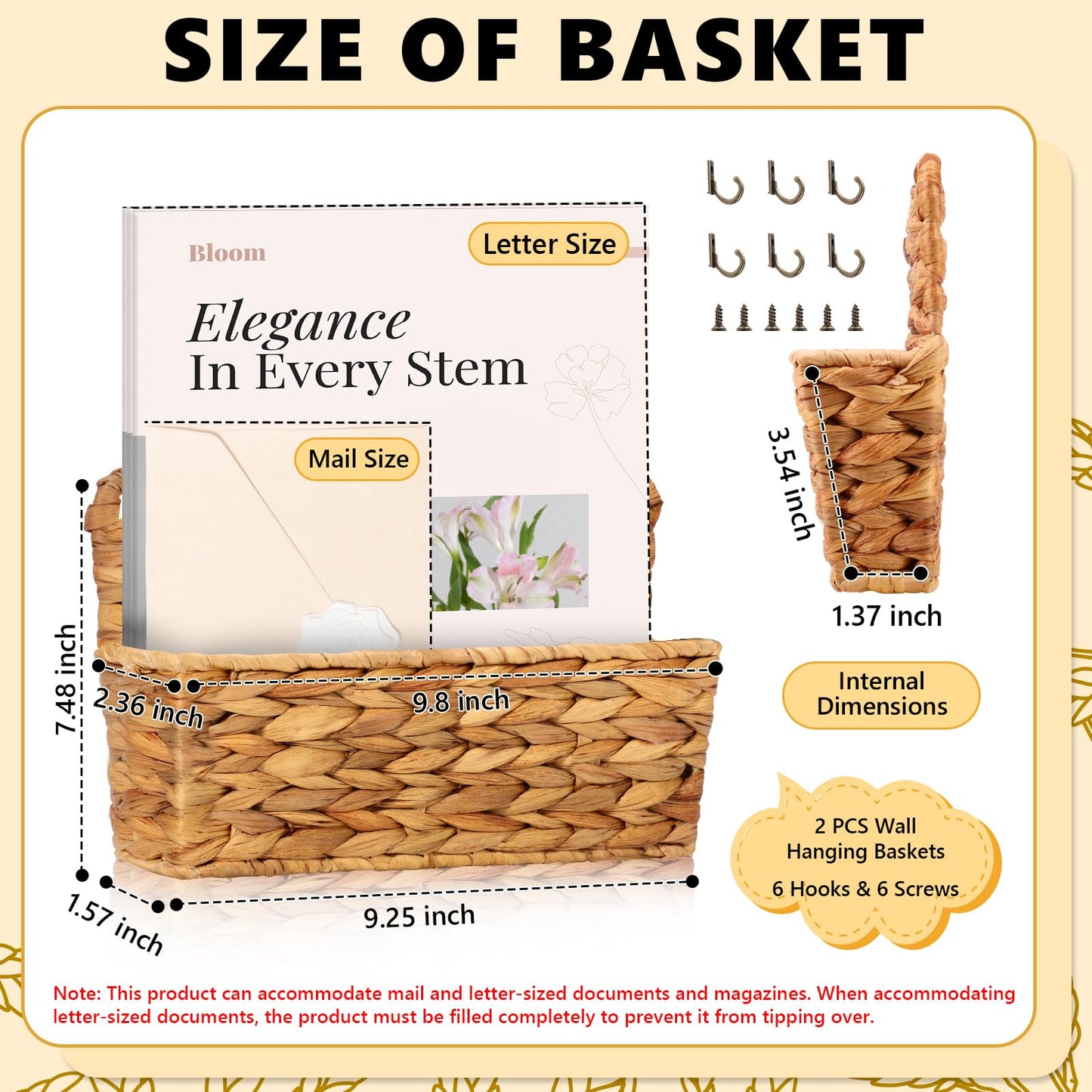 MSHUNKEJI 2 Pcs Woven Mail Holder Wall Mount Basket 9.25x1.57 Inch Rattan Wall Letter Holder Wicker