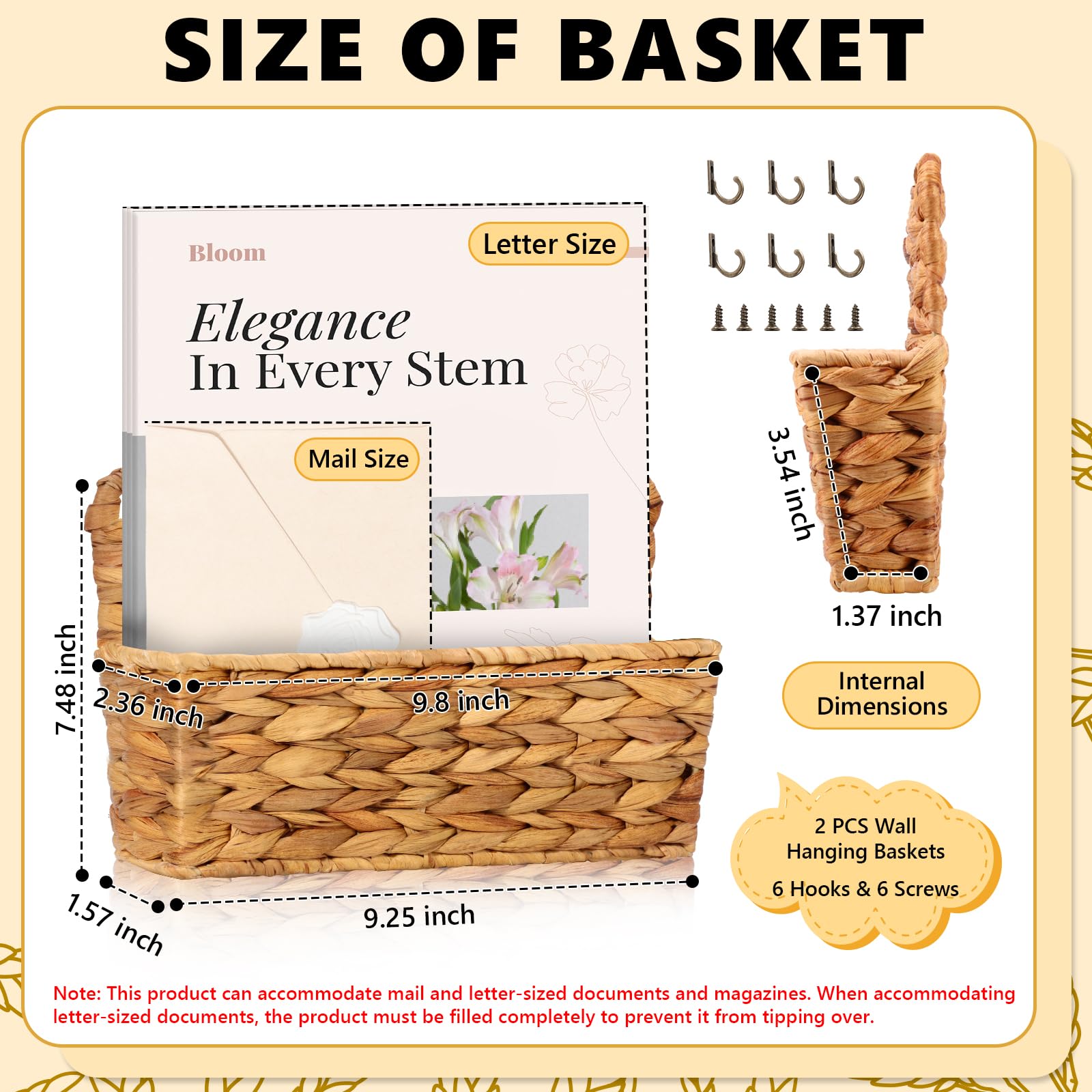 MSHUNKEJI 2 Pcs Woven Mail Holder Wall Mount Basket 9.25x1.57 Inch Rattan Wall Letter Holder Wicker