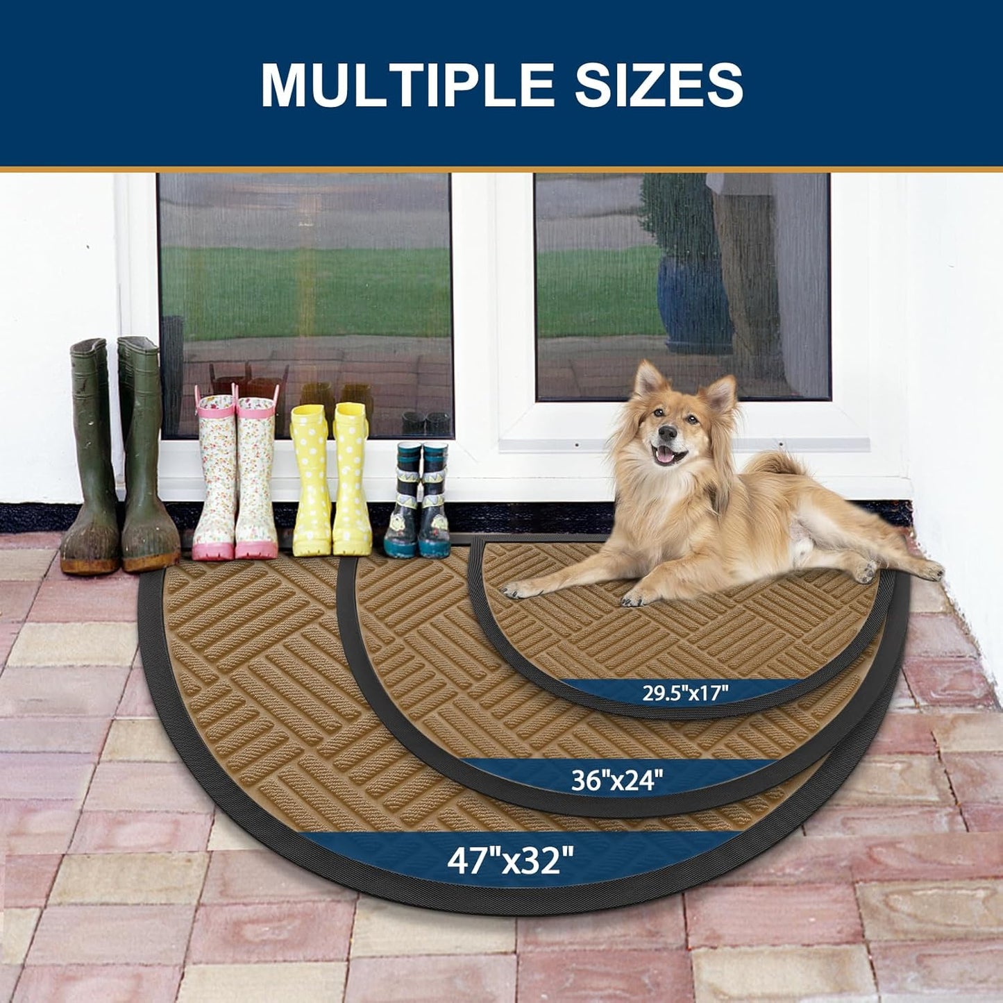 Smiry Half Circle Front Door Mat Outside Entrance, Heavy Duty Outdoor Indoor Natural Rubber Doormat, Non Slip, Trap Dirt and Moisture, Easy Clean Low Profile Patio Porch Entryway Mat, 29.5x17, Coffee