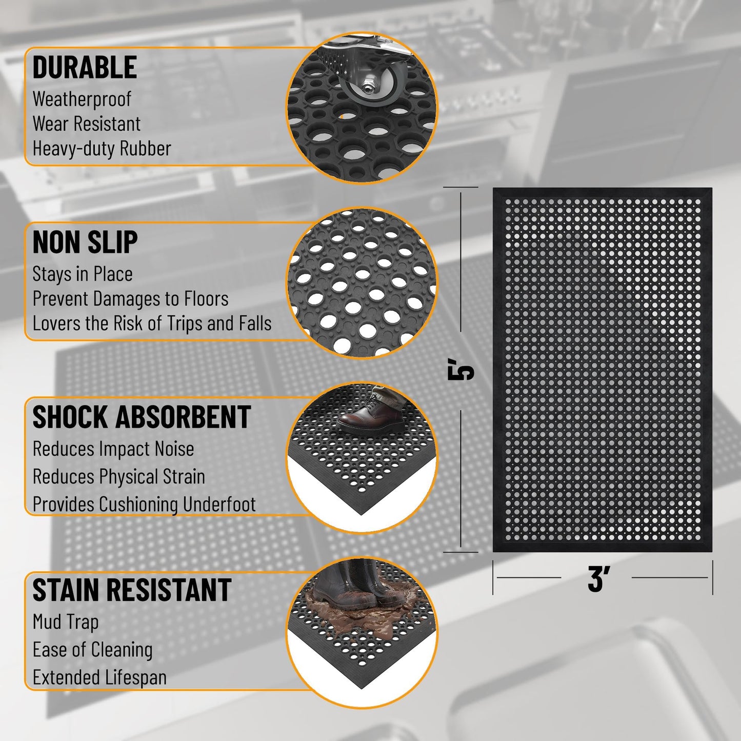 Ottomanson Heavy Duty Rubber Floor Mat – Non-Slip, Waterproof, Easy to Clean – Anti-Fatigue Mat for