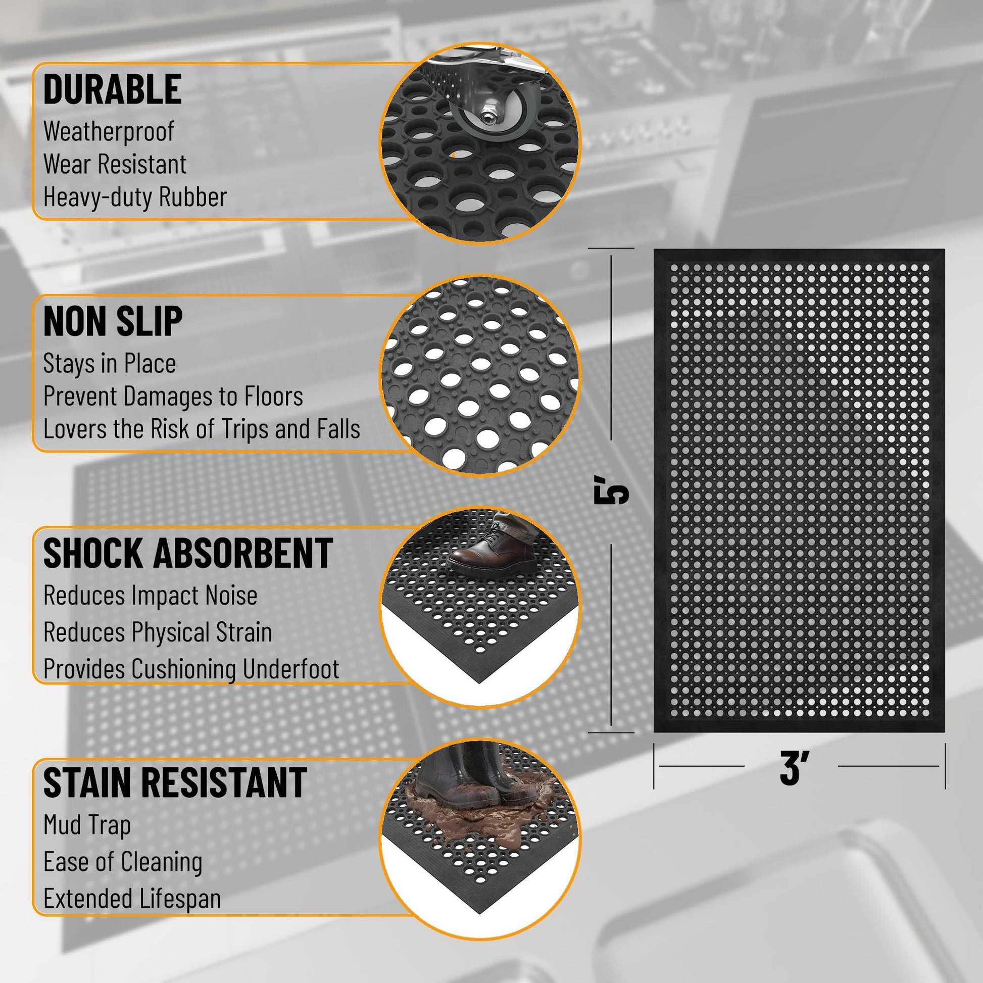 Ottomanson Heavy Duty Rubber Floor Mat – Non-Slip, Waterproof, Easy to Clean – Anti-Fatigue Mat for