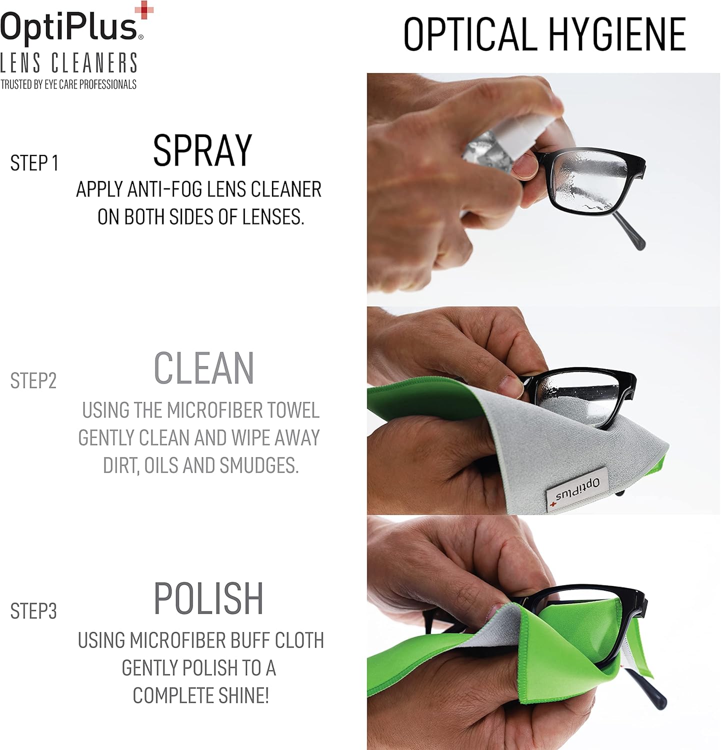 OptiPlus Anti-Fog Lens Cleaning Spray and Dual Microfiber Cloth | Streak-Free Cleaner and Defogging Spray for Glasses, Laptops Screens, Smart Phones, Optical Lens, Goggles, and Watch Screen l 2oz