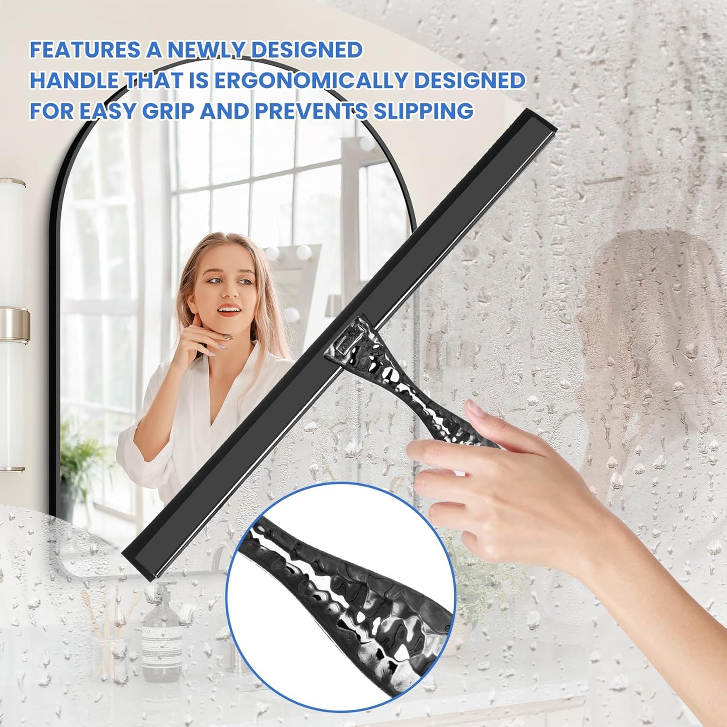 All-Purpose Silicone Shower Squeegee for Shower Glass Door,with 1 Hooks,for Bathroom Glass, Car, Tile Wall, Mirror Cleaning - Flower Shaped Handle for Easy-Grip 10 Inch Black