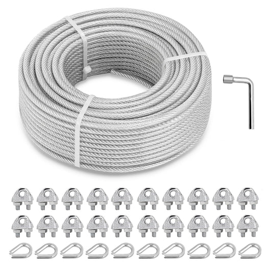 3/16" Wire Rope Kit, 100Ft PVC Coated Steel Cable Guide Wire Tensioner Strainer Kit w/ 7×7 Strand