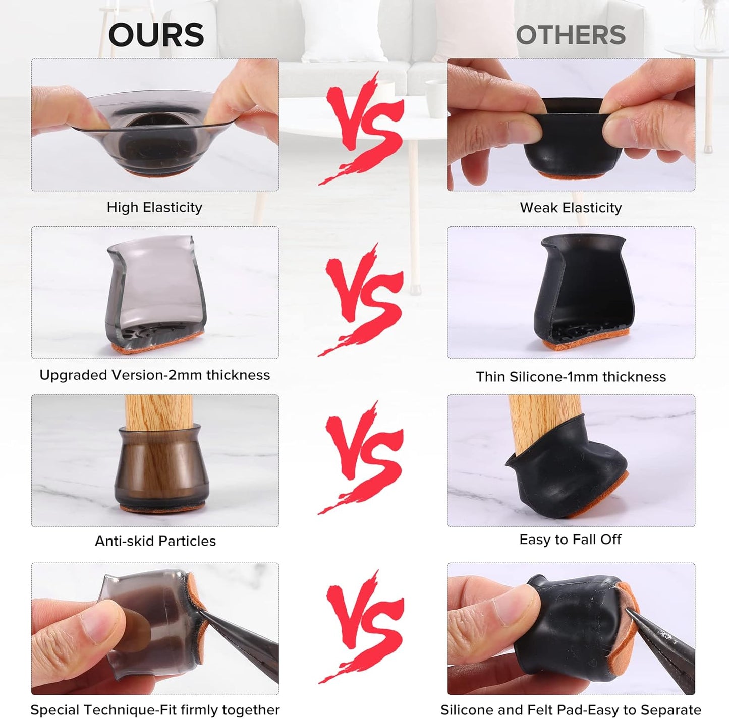 24PCS Upgraded Silicone Chair Leg Floor Protectors for Hardwood Floors, Furniture Sliders for Chair Legs, Felt Bottom Furniture Pads, Anti-Slip Round&Square Cap Covers to Scratch and Reduce Noise