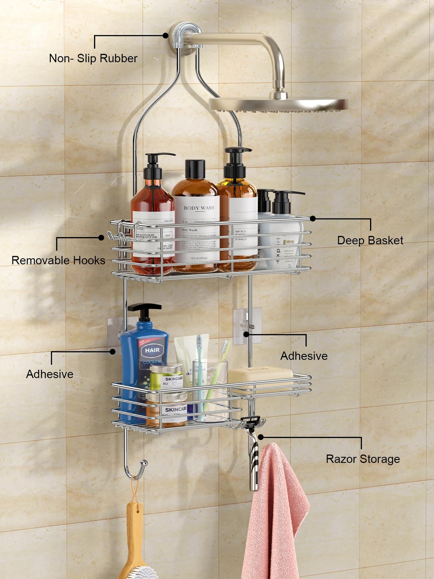 SMARTAKE Hanging Shower Head Caddy, Shower Shelf Organizer, Silver