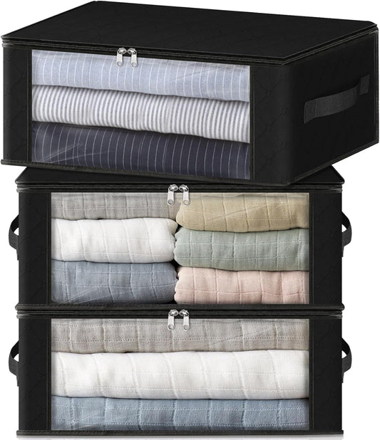 HomeHacks Storage 3-Pack Clothes Organizer Storage Bags Foldable Storage Box with Large Clear Window Sturdy Handles for Closet, Dorm, Pillows, Bedding, Clothes, Blankets, 35L, Black