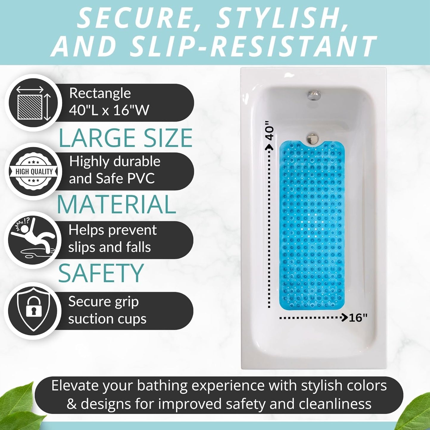 ENKOSI Bath Mat - Large Non Slip Bathtub & Shower Mat - Extra Long 40 x 16 Inch Bathroom Mats for Tub Nonslip Anti Slip Bathmats (40x16 Clear Blue 1-Pack)