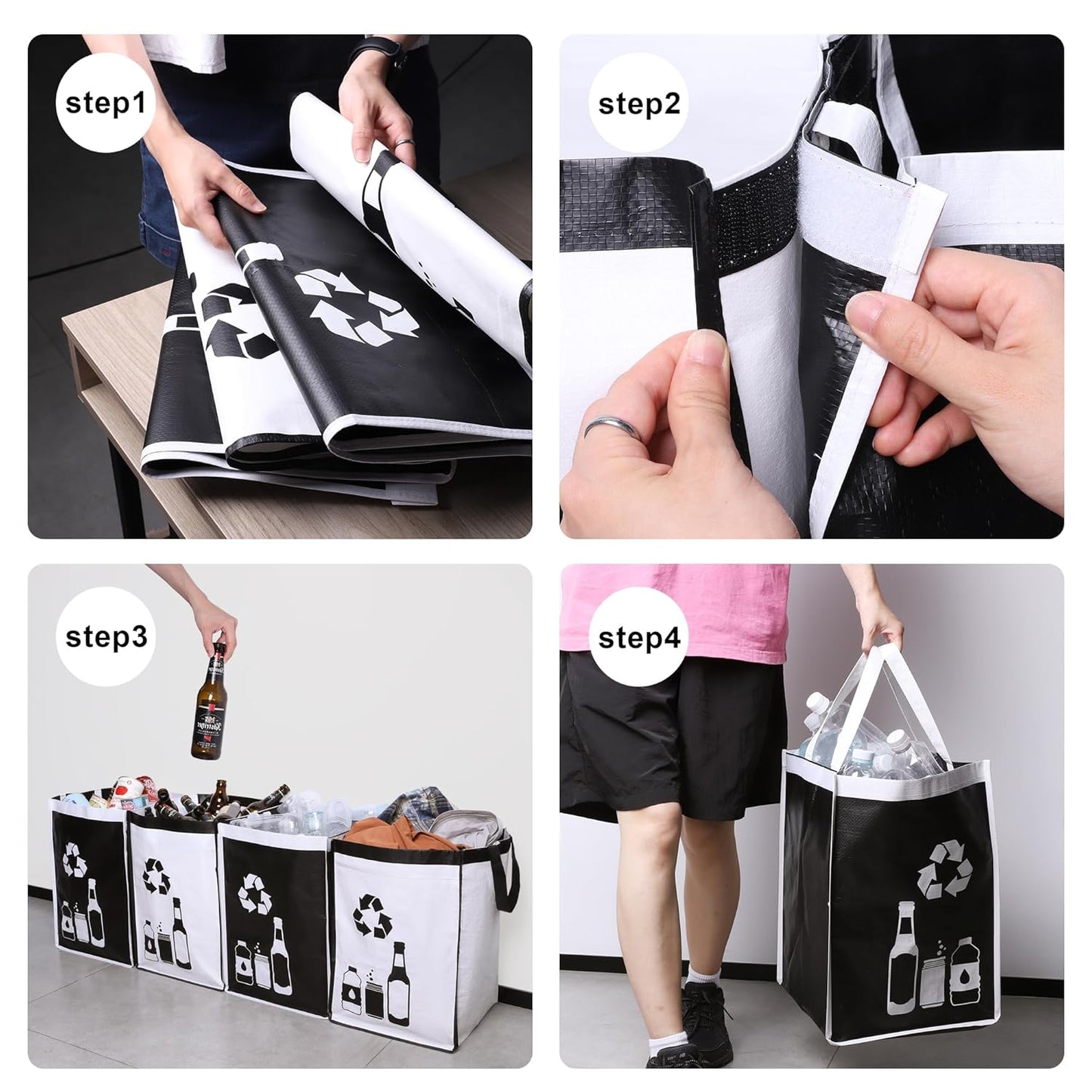 Recycle Waste Bag for Kitchen Home- Large Indoor Recycling Bins Trash Sorting Organizer, Reusable and Waterproof, 4 Pack