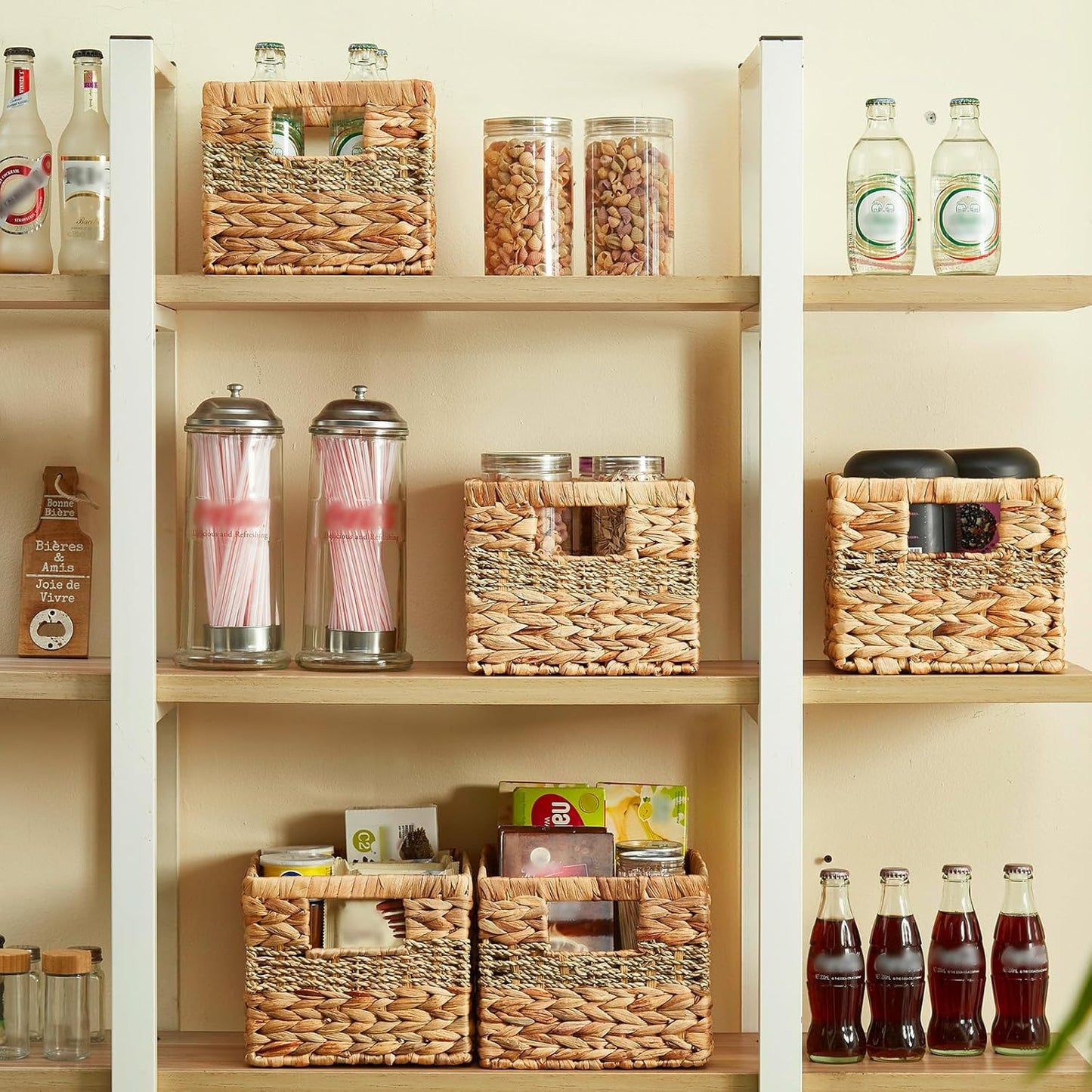 Water Hyacinth Wicker Basket, Decorative Woven Baskets with Built-in Handles, Hand-woven Storage Organizer for Organizing Pantry, Livingroom, Bedroom, Shelves, Toilet(2-PACK, Blended)