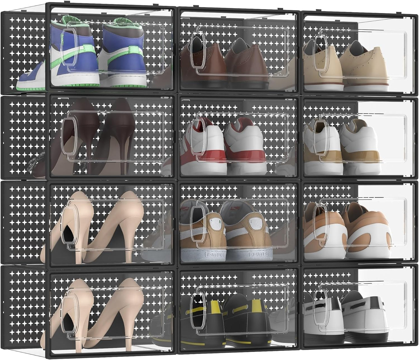 12 Pack Large Modular Clear Plastic Stackable Shoe Storage Organizer for Closet, Space Saving Versatile Sneaker Shoe Rack Containers Bins Holders, Portable Closet Organizers and Storage, Black