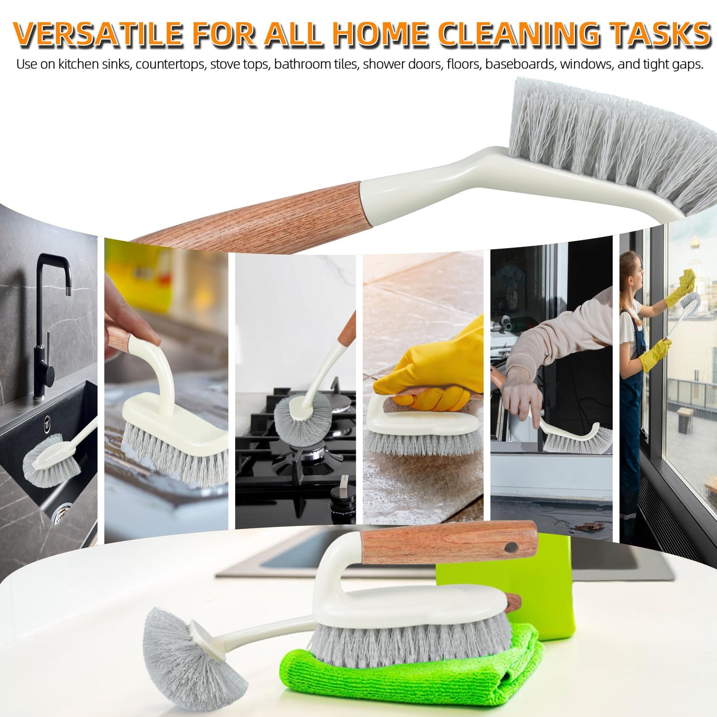 5-Pack Heavy Duty Scrub Brushes Set with Wooden Handles