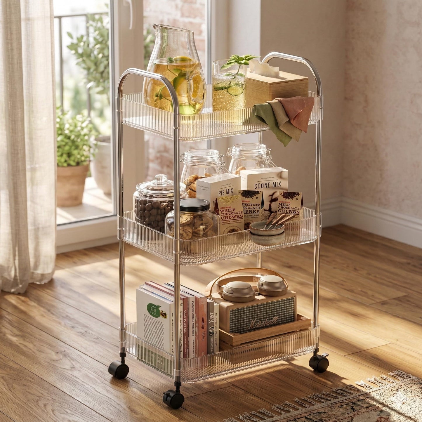 STARLATTA 3 Tier Rolling Cart with Lockable Wheels, Clear Acrylic Utility Trolley with Handle